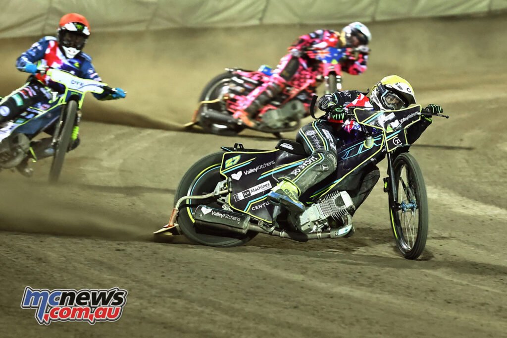 2025 FIM Oceania Speedway - Tungate leads Lidsey and Pearson in the final - Image by Judy Mackay