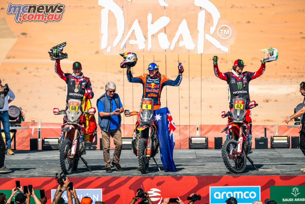 Joining Daniel Sanders 2025 Dakar Rally Champion on the podium were Tosh Schareina and Adrien Van Beveren