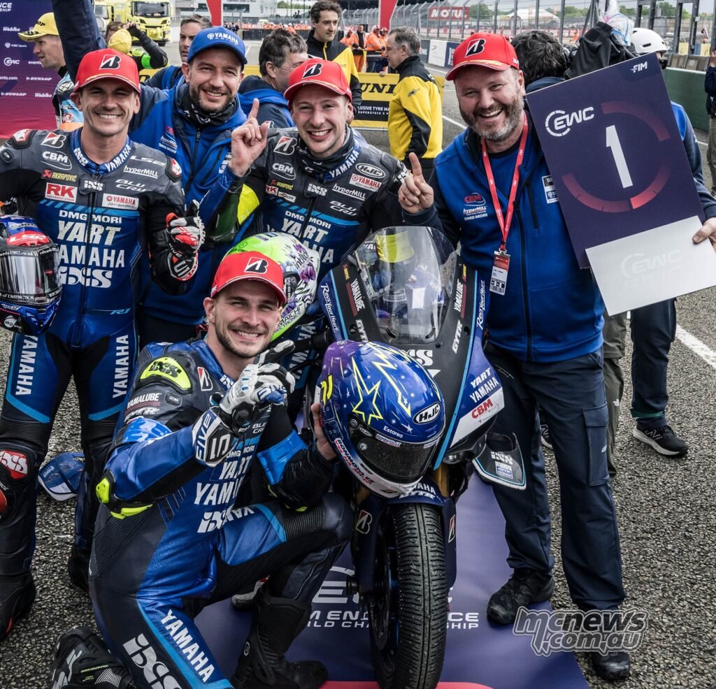 Mandy Kainz, Yamalube YART Yamaha EWC Team Manager with his riders, Marvin Fritz, Karel Hanika and Jason O'Halloran