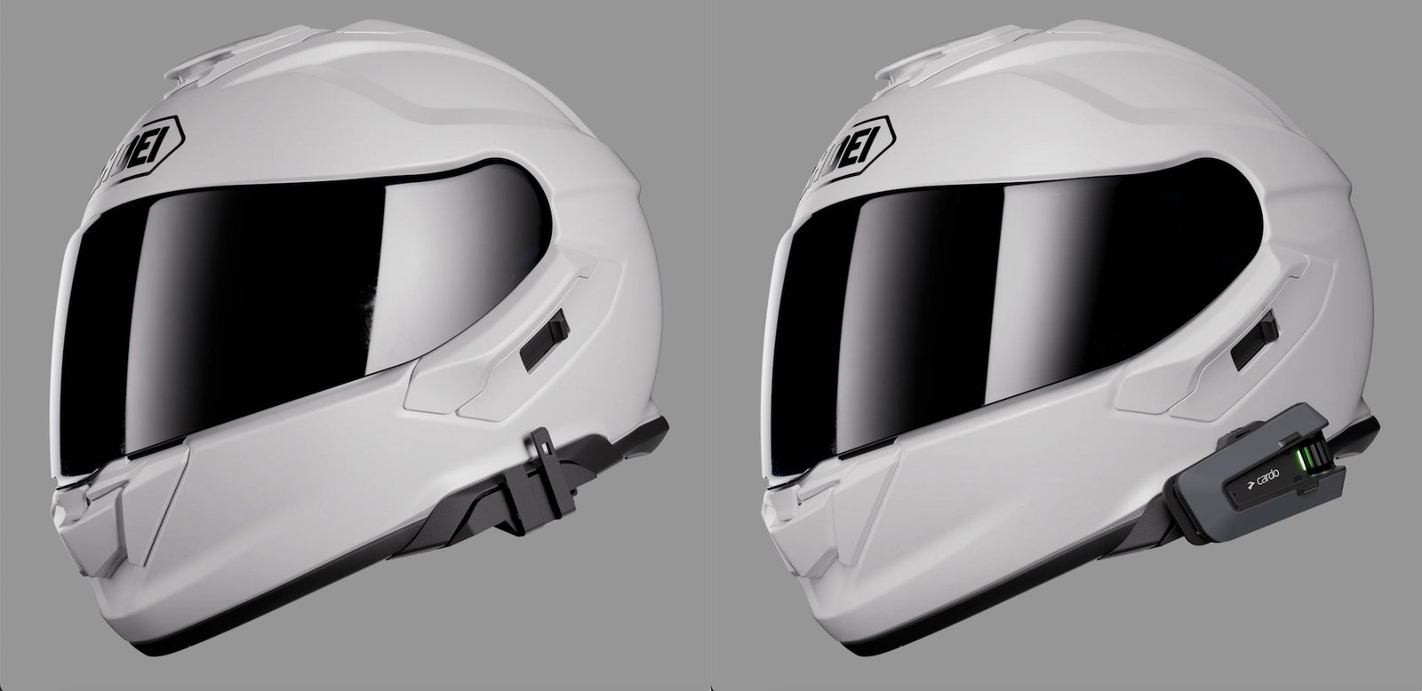 A view of Cardo's new adapter for Shoei helmets. 
