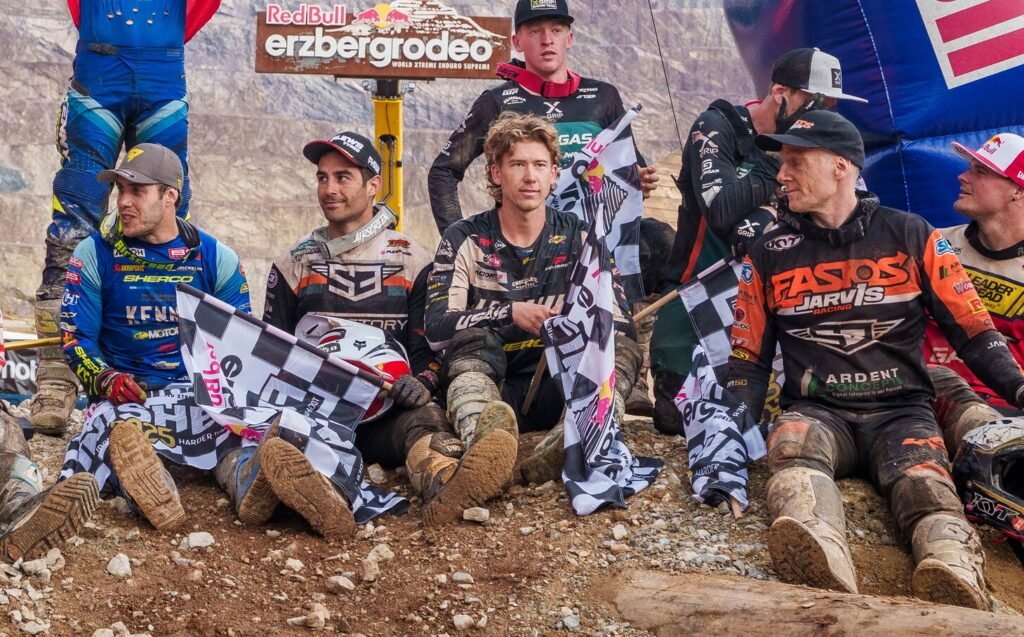 Will Riordan (centre) is the only Australian to ever successfully finish Erzberg, and not only that, he was inside the top ten!