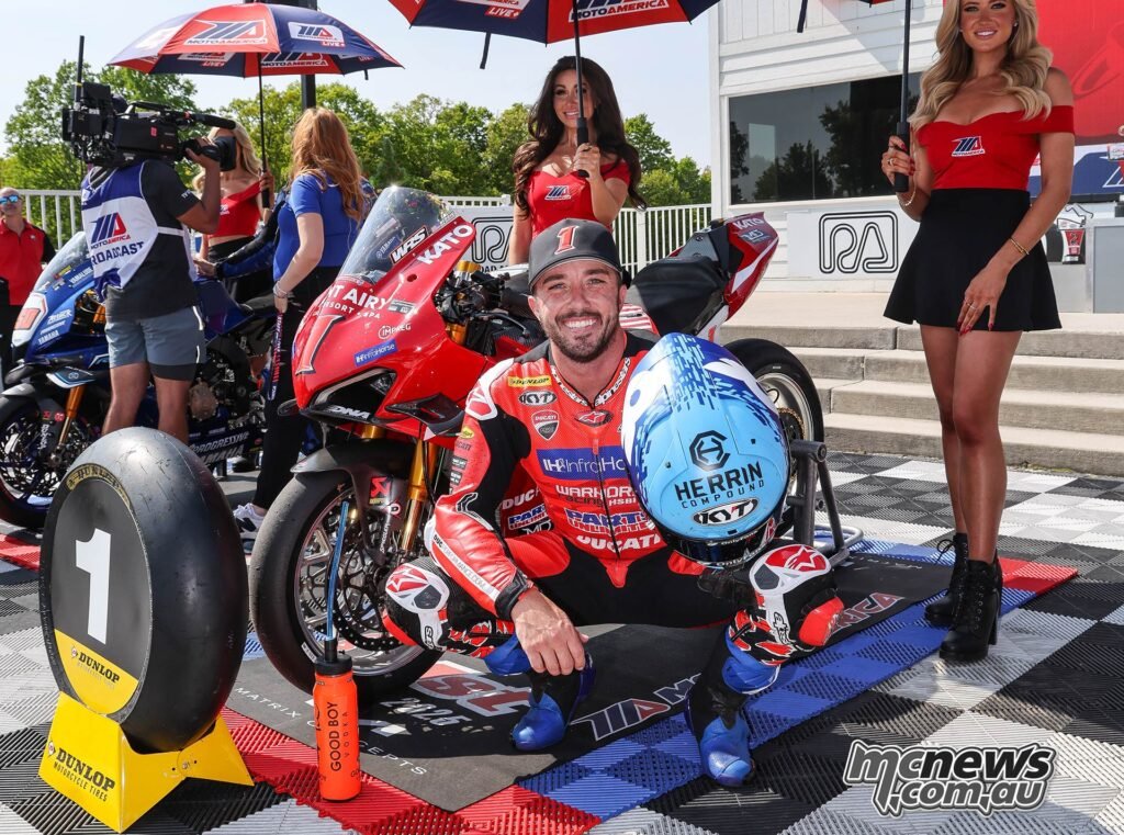Josh Herrin celebrates his race-two win. He's now just two points behind Cameron Beaubier in the points chase. Photo by Brian J. Nelson