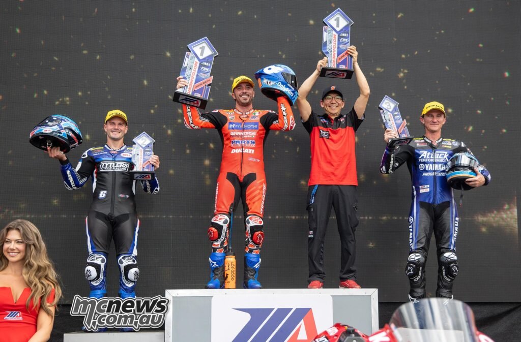 Beaubier, Herrin and Gagne celebrate on the Ridge Motorsports Park podium on Saturday afternoon.