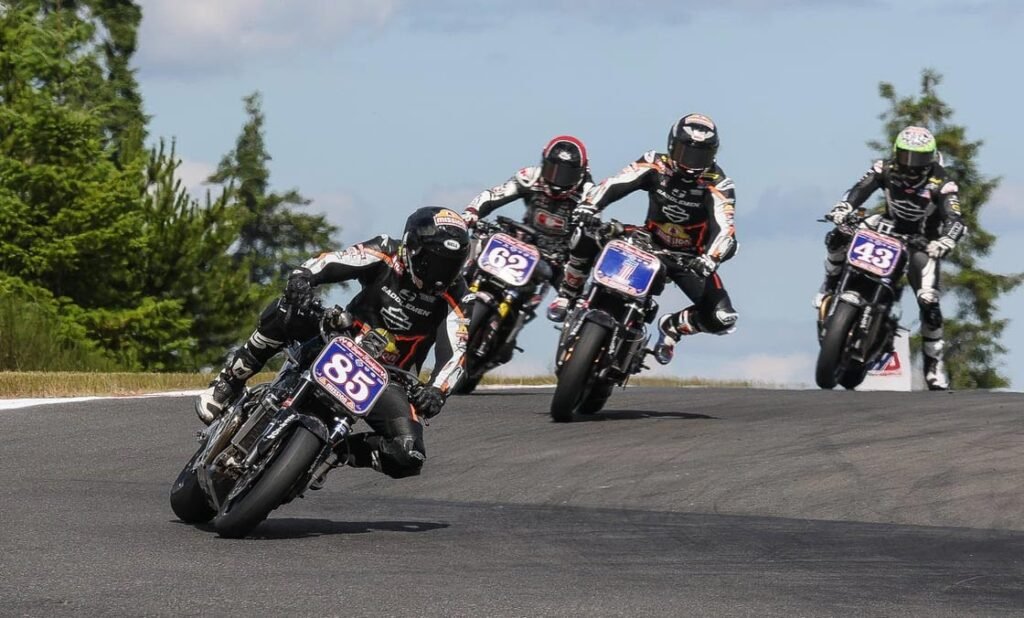 Jake Lewis (85) leads Cory West (1), Andy DiBrino (62), and James Rispoli (43) in the Mission Super Hooligan National Championship race at Ridge Motorsports Park on Saturday. Lewis won the race over Rispoli and DiBrino. Photo by Brian J. Nelson