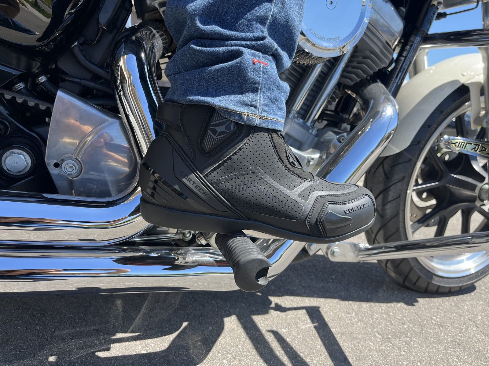 Cortech Sport Lite Boot resting on foot peg of sportster