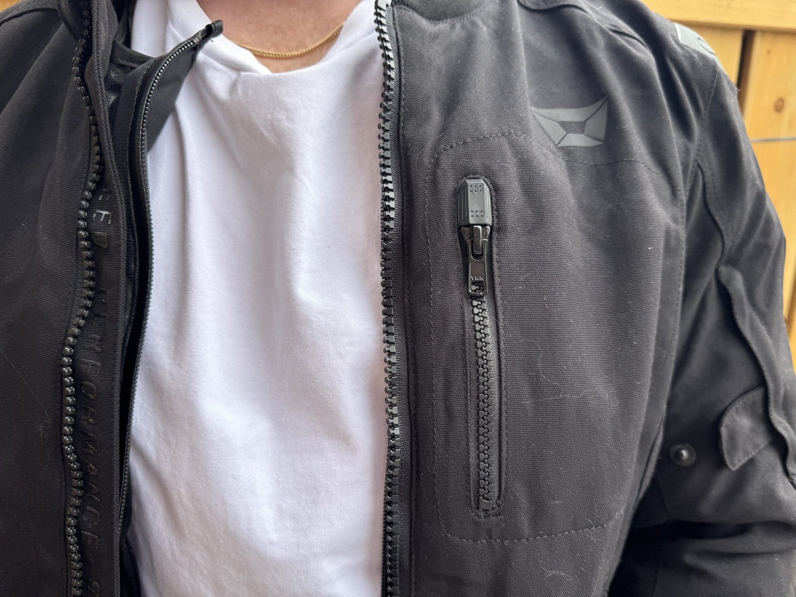 Close up of the zippers on the Cortech Versa-Flo Jacket