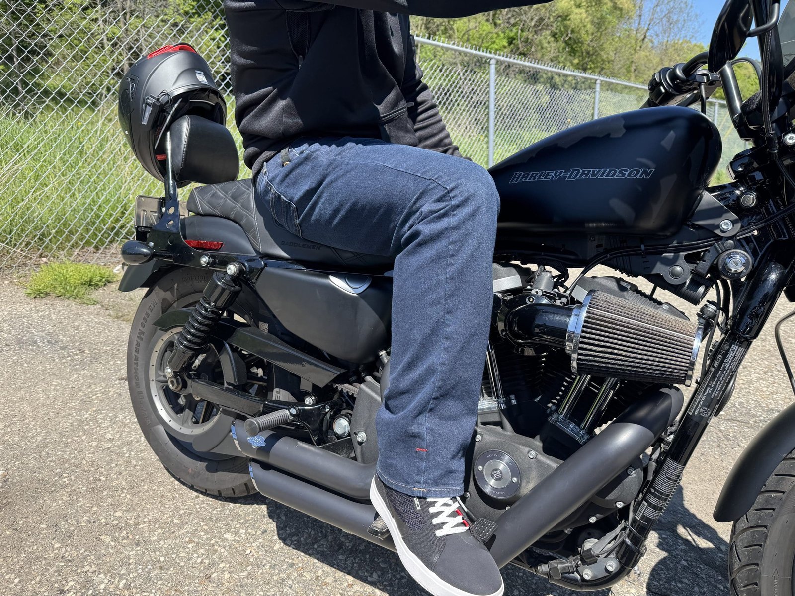 Klim K Forty 2 Stretch Denim Jean on a rider on a Harley Davidson