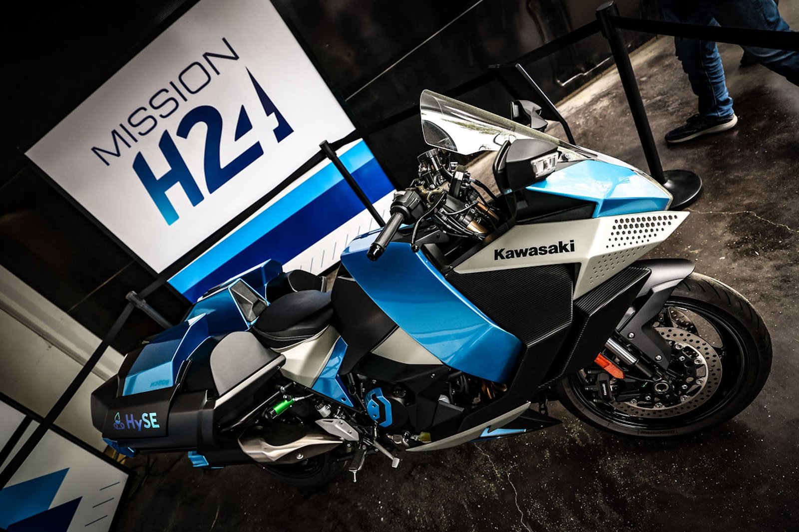A view of the Mission H2r Hydrogen motorcycle from Kawasaki. 