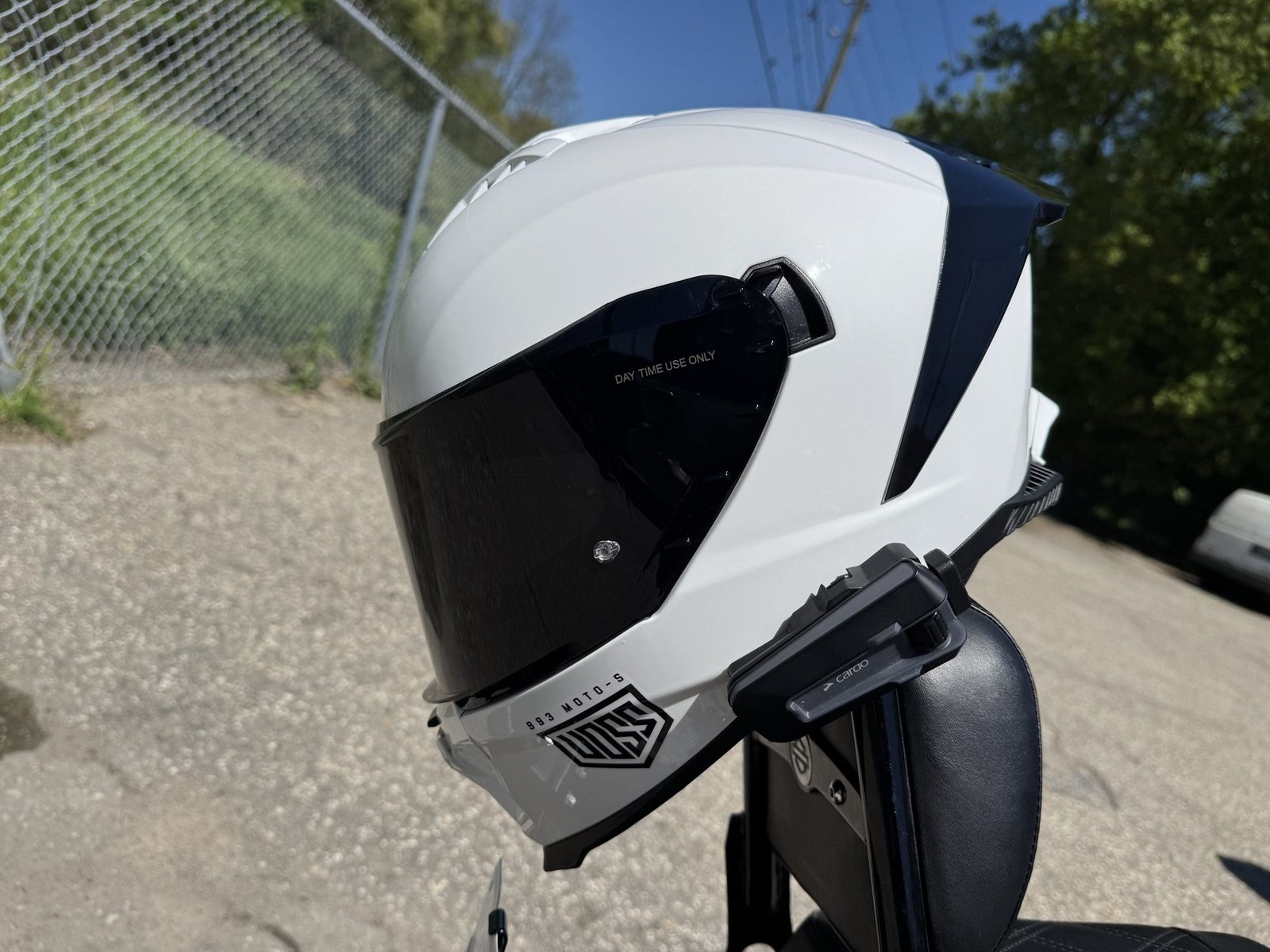 Voss 993 Moto-S hanging on a sissy bar on a Harley Davidson