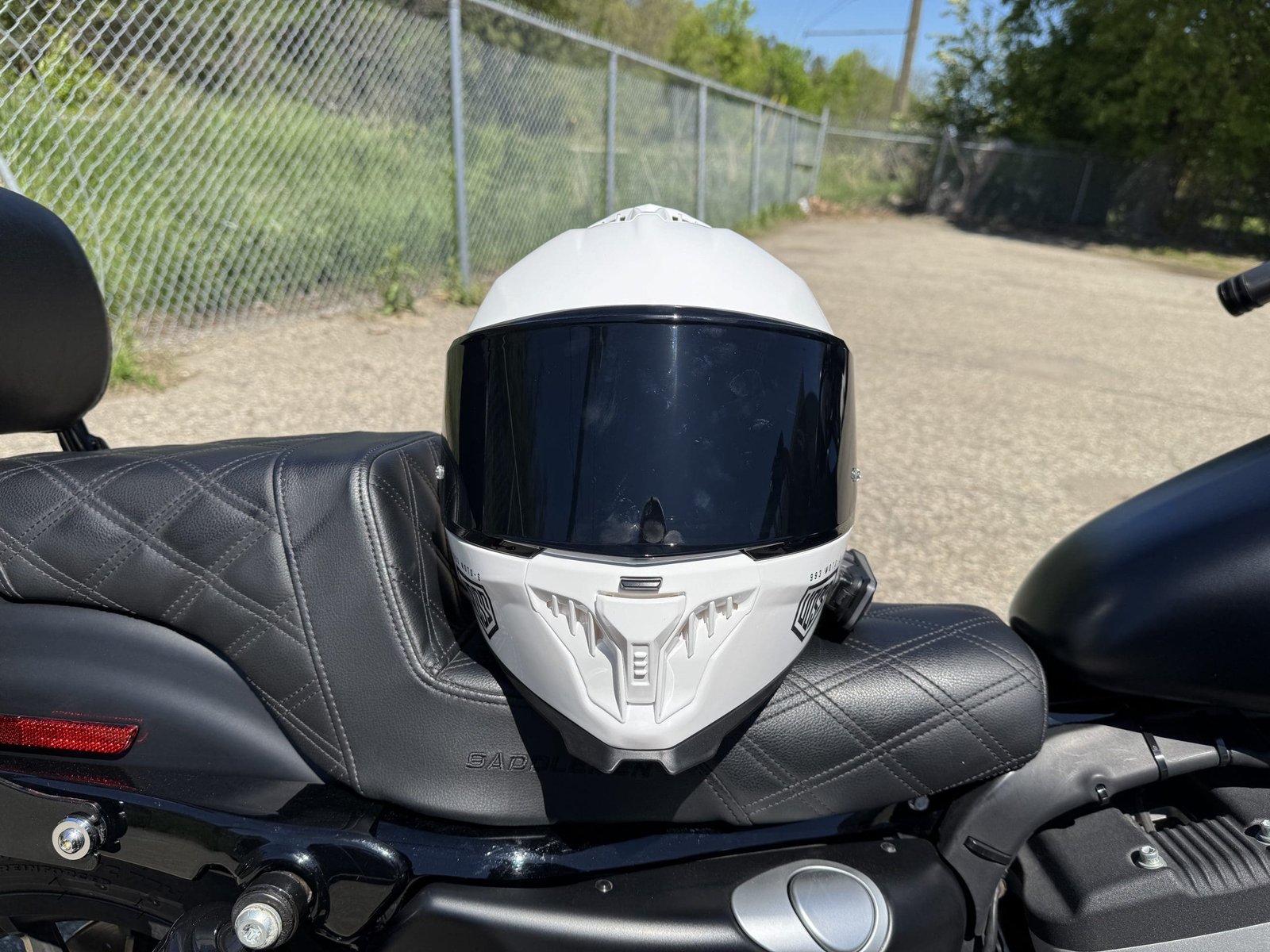 Voss 993 Moto-S front facing picture while resting on a Harley Davidson seat
