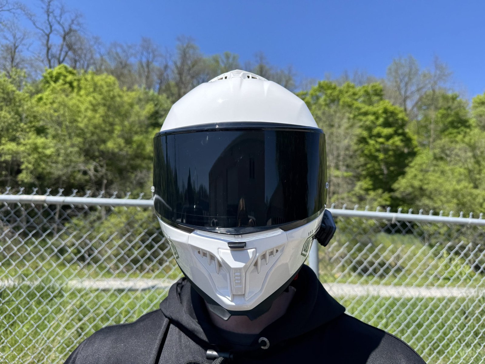 Voss 993 Moto-S being worn by a rider, close up photo