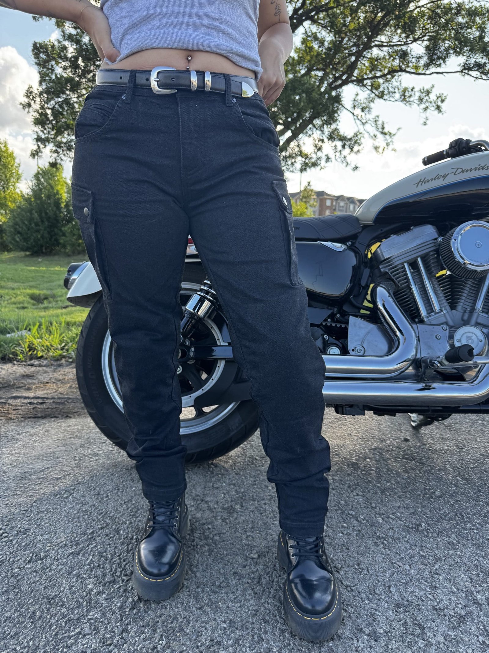Pando Moto MILA Cargo jeans worn on a casual city ride