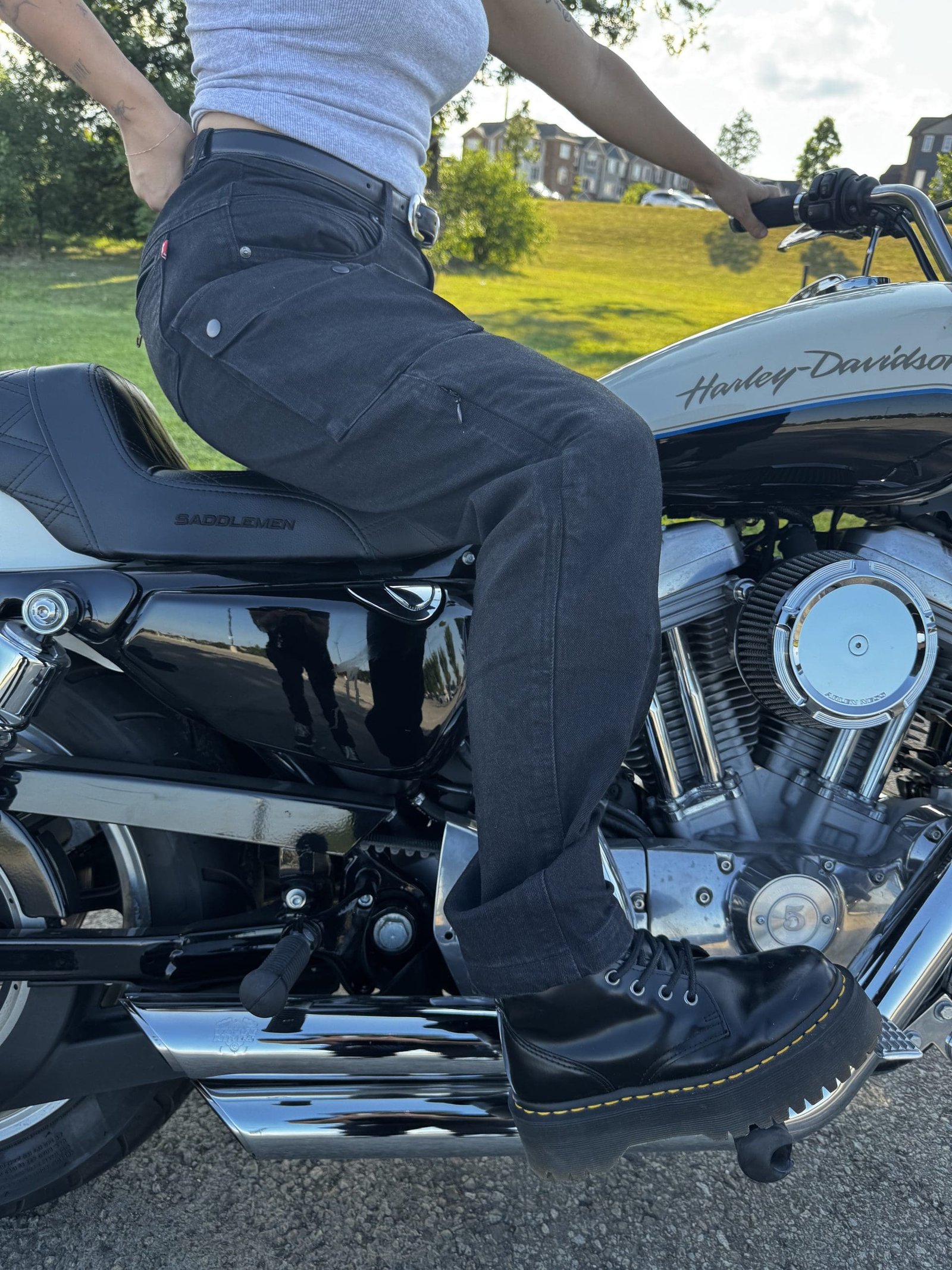 Pando Moto MILA Cargo Riding Jeans worn on motorcycle