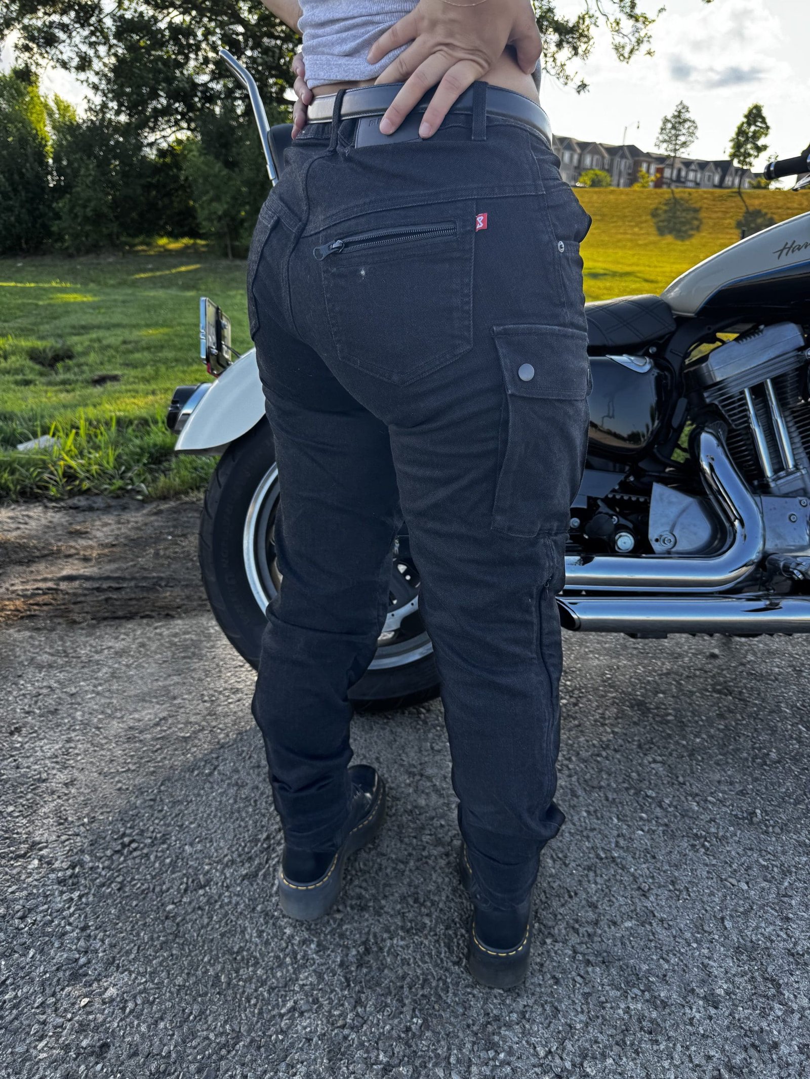 Rear view of Pando Moto MILA Cargo Riding Jeans on model