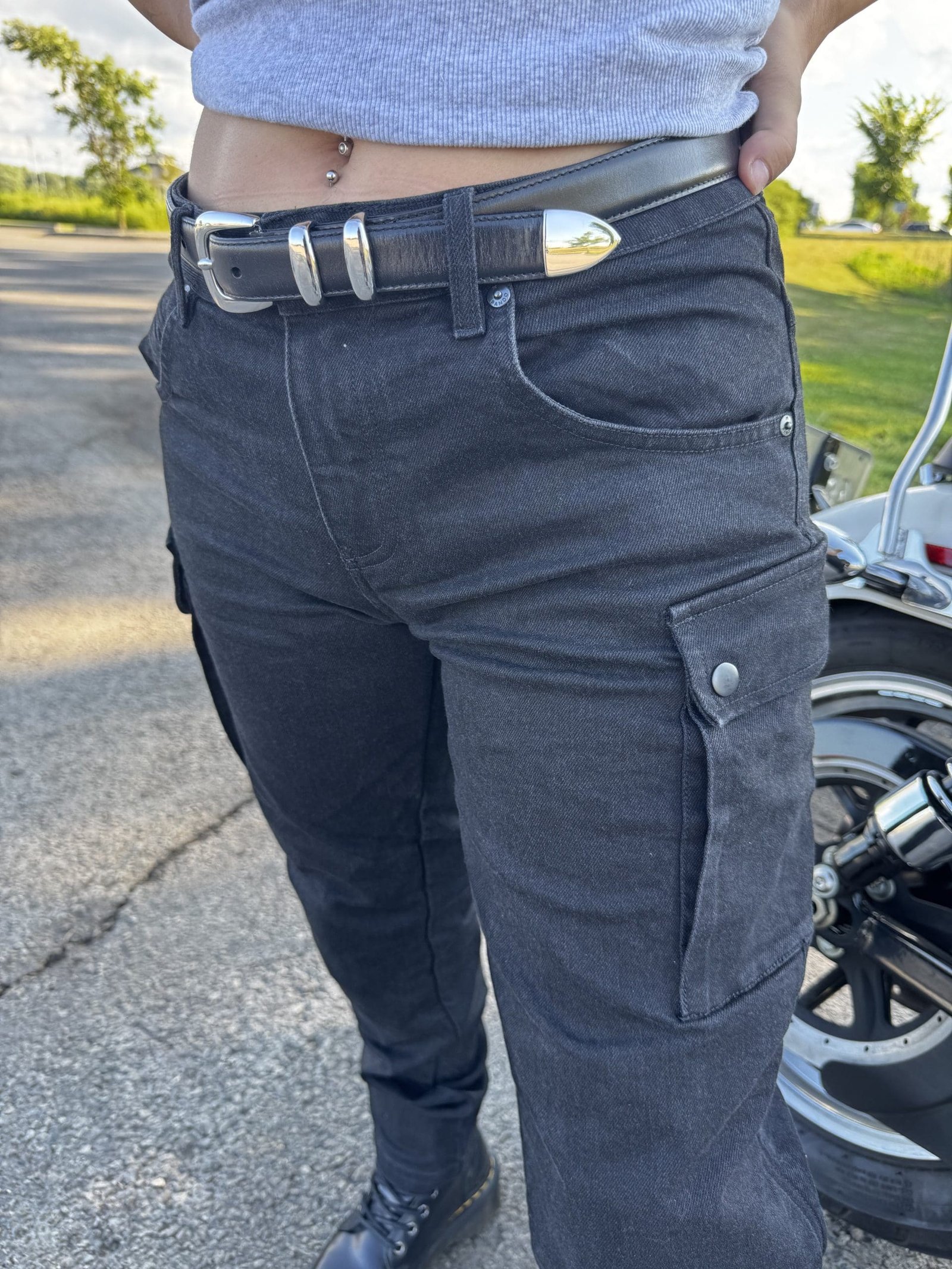 Pando Moto MILA Cargo jeans worn off-bike during sunset