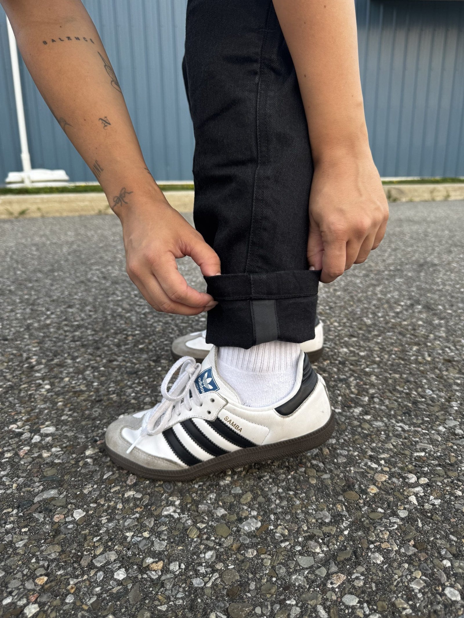 Reflective cuff exposed on Pando Moto MILA Cargo jeans