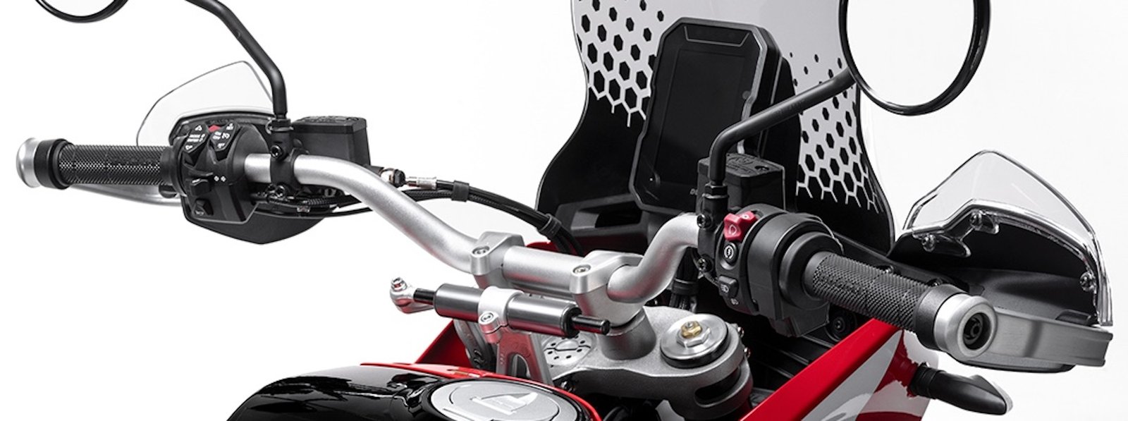 Ducati's DesertX, dash view. 