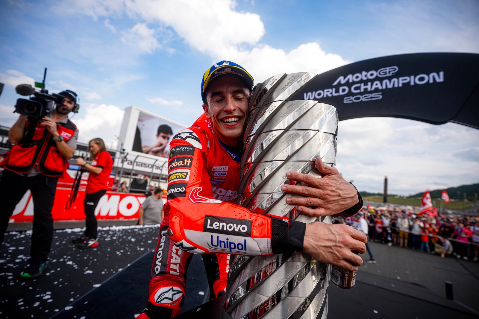 A view of Marc Márquez, the Ant of Cervera, hugging the Rider's Title on September 28th. Media sourced from Ducati.