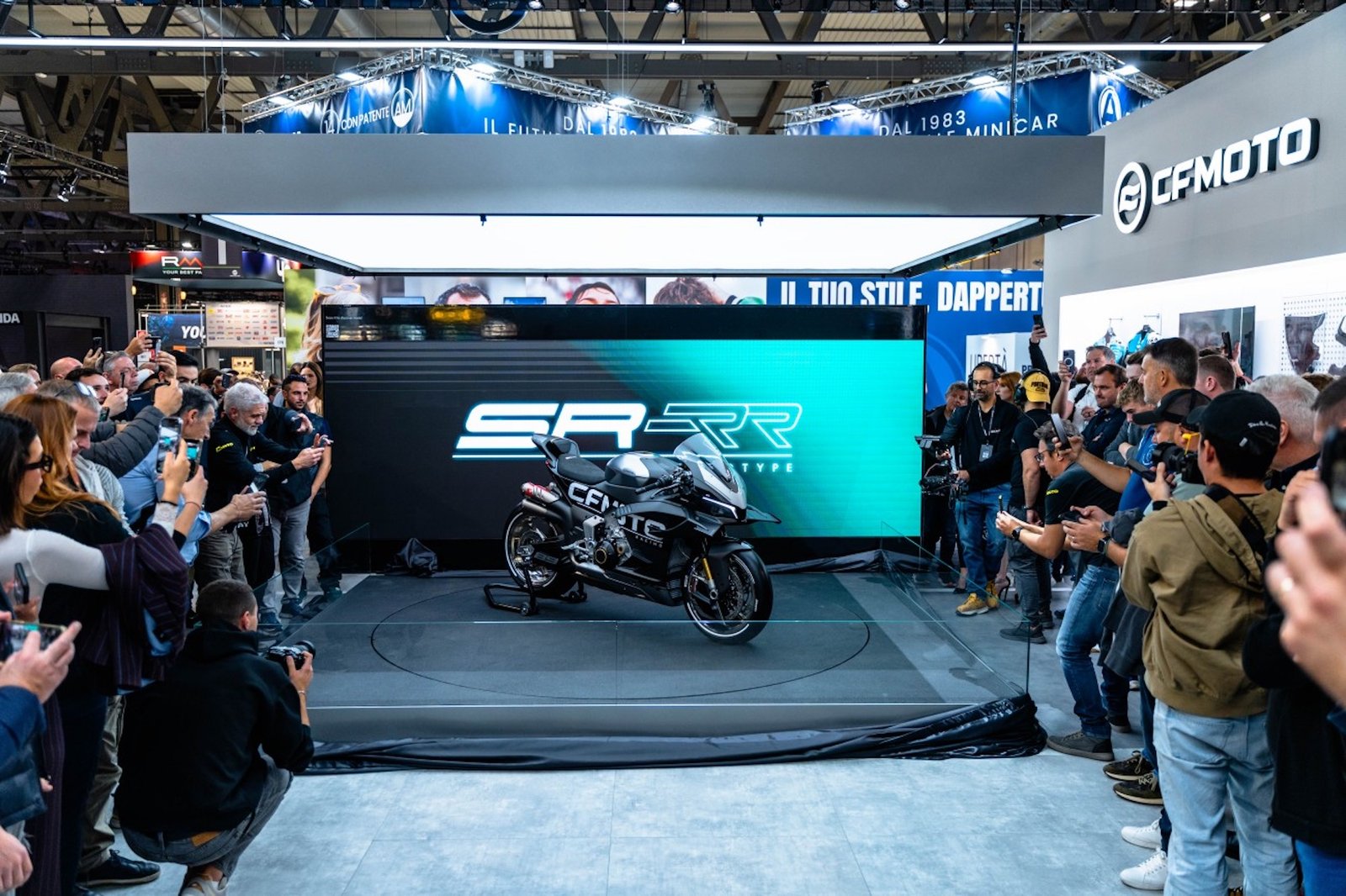 CFMoto's debut of the V4 SR-RR prototype at EICMA 2025. 