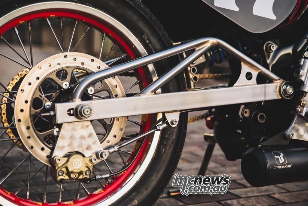 Rear view of Royal Enfield Carolina Reaper custom motorcycle at Yokohama