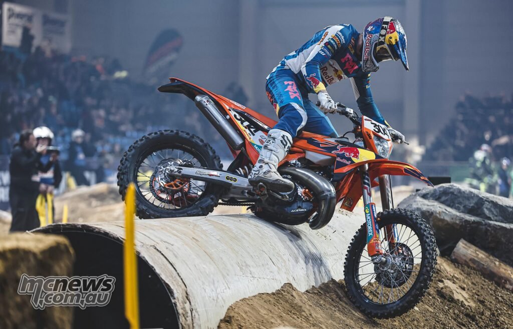 Manuel Lettenbichler competing on the KTM 300 EXC at SuperEnduro round two in Riesa.