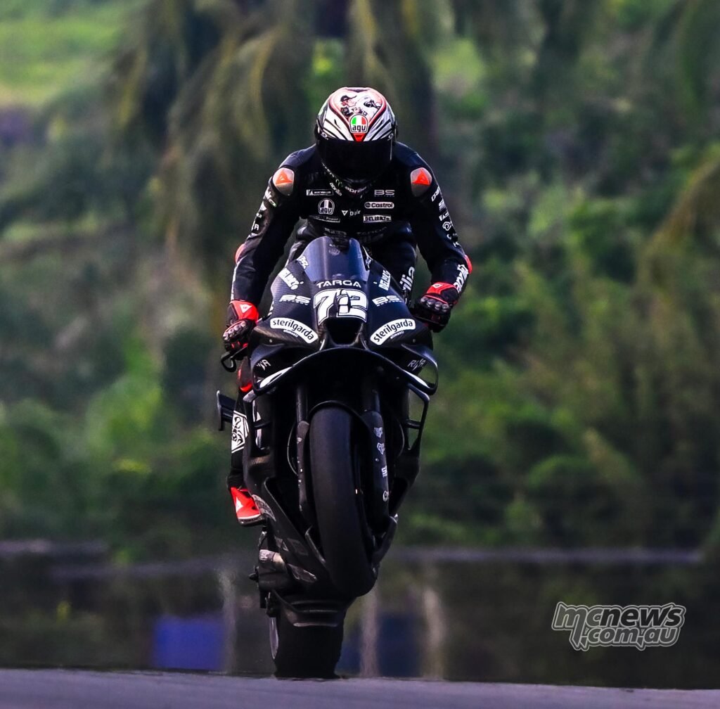 Marco Bezzecchi riding the Aprilia RS-GP during the 2026 MotoGP Sepang Test.