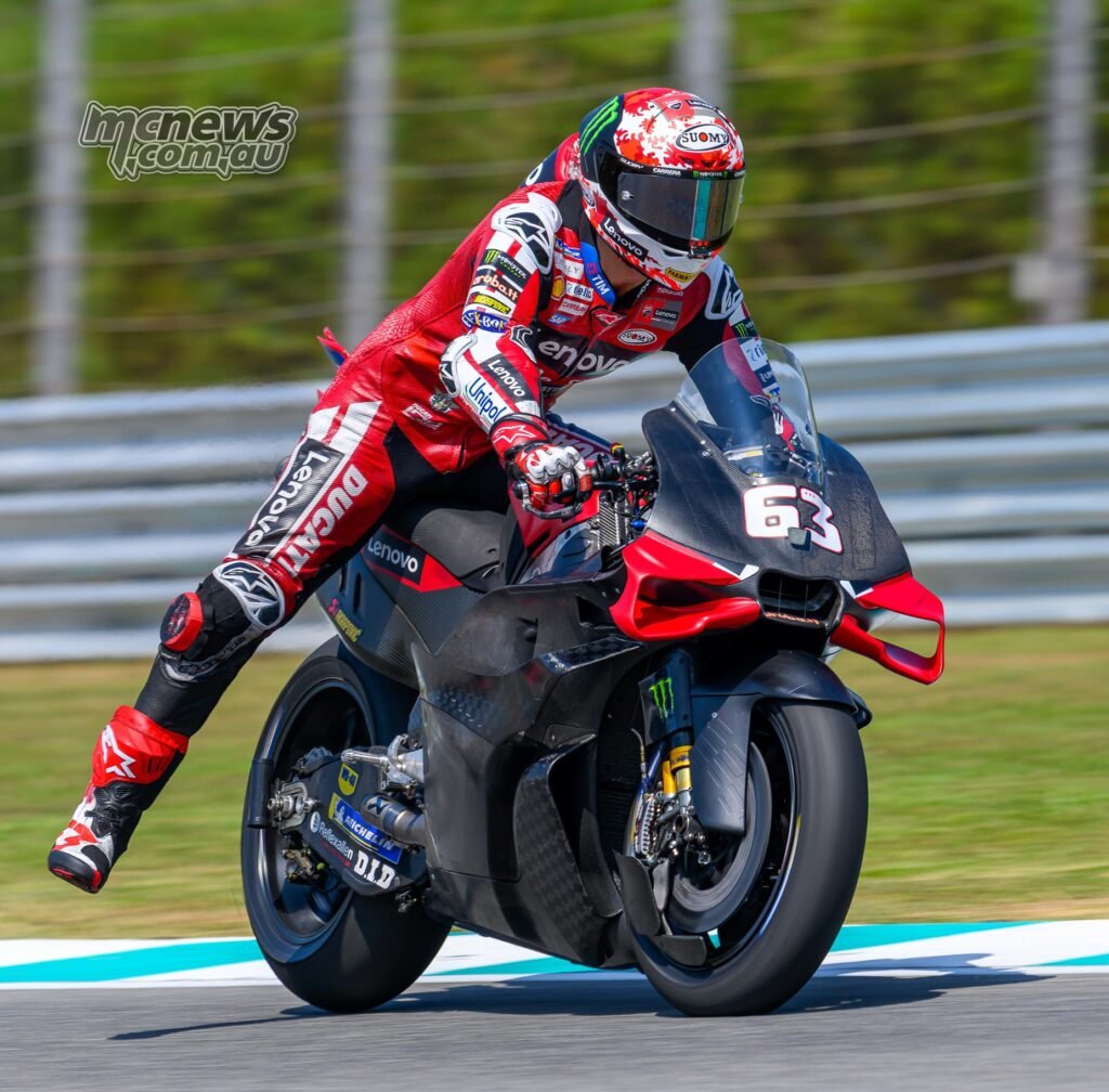 Francesco Bagnaia riding the Ducati Lenovo Team bike at the 2026 Sepang MotoGP Test.