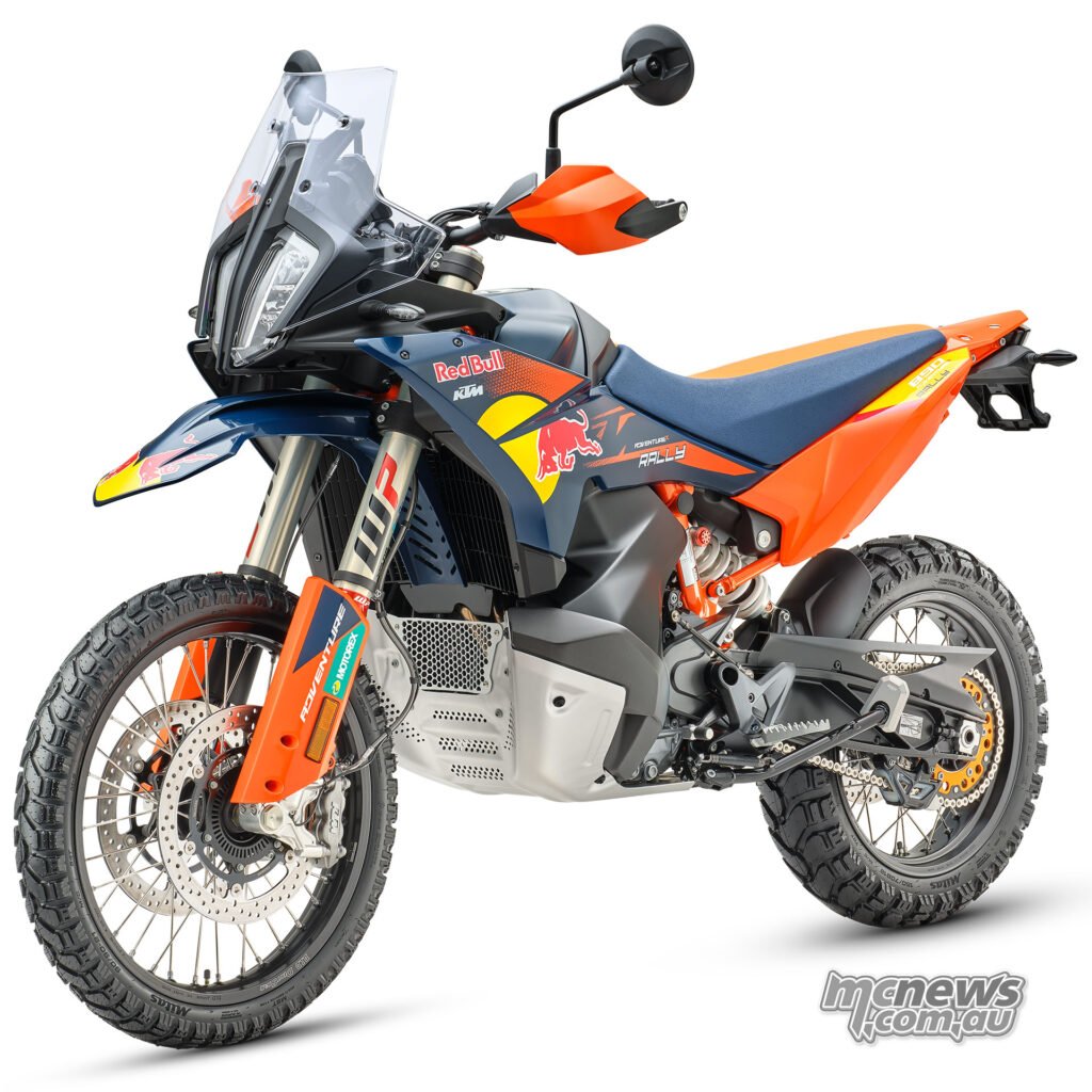 2026 KTM 890 Adventure R Rally front left three-quarter view showing skid plate, rally fairing and long-travel suspension