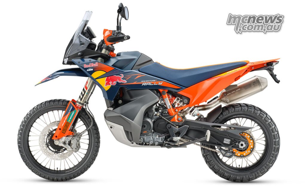 Left-side profile of the 2026 KTM 890 Adventure R Rally with WP XPLOR PRO suspension and rally graphics