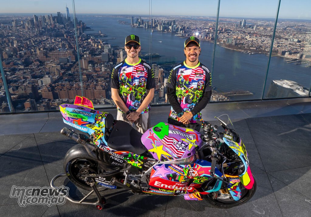 The two VR46 riders pose with the squad’s special United States GP livery after its unveiling in New York.