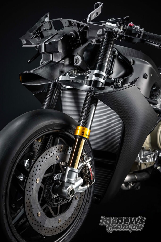 Ducati Superleggera V4 Centenario front brake, carbon-ceramic disc and Öhlins carbon-sleeved fork.