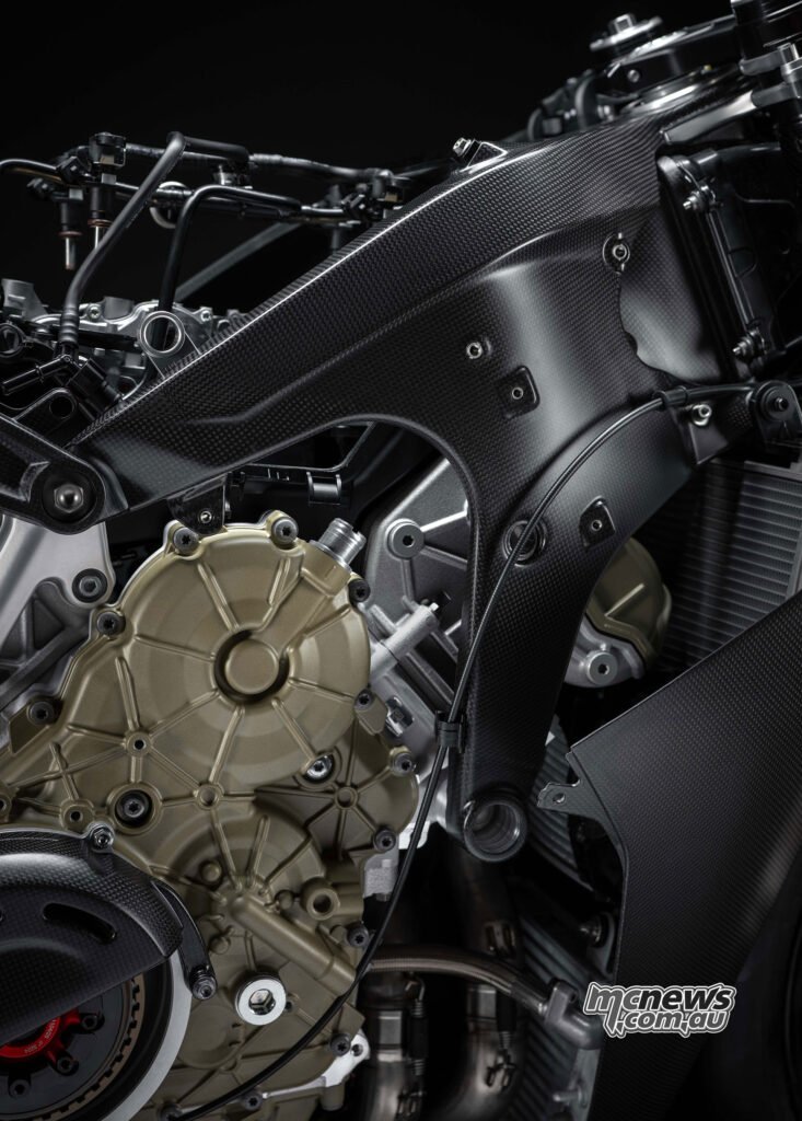 Carbon-fibre frame and engine detail on the Ducati Superleggera V4 Centenario.