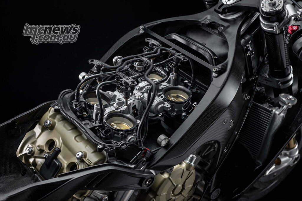 Top view of Ducati Superleggera V4 Centenario intake system, throttle bodies and carbon frame.