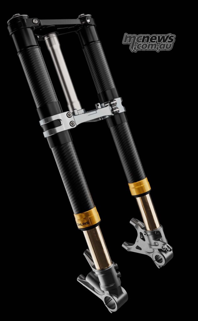 Öhlins NPX 25/30 Carbon fork for the Ducati Superleggera V4 Centenario with carbon-fibre outer sleeves.
