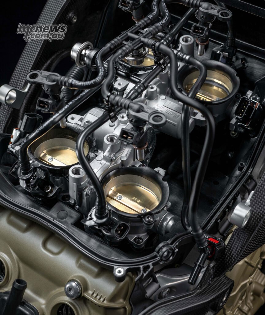 Ducati Superleggera V4 Centenario intake system, throttle bodies and carbon frame.