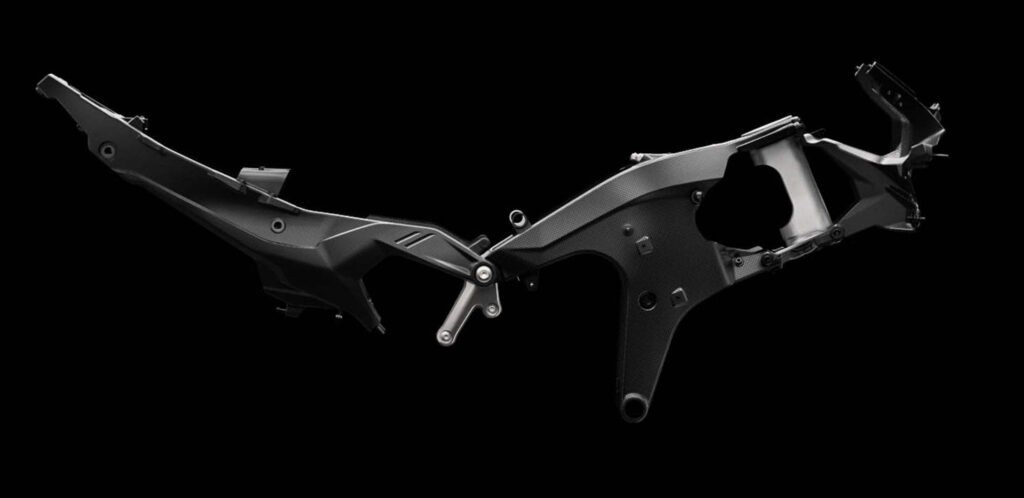 solated carbon-fibre frame and rear structure from the Ducati Superleggera V4 Centenario.