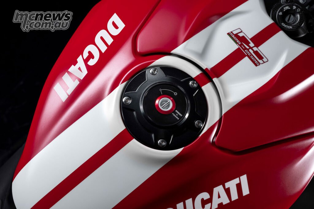 Fuel tank and cap detail on the Ducati Superleggera V4 Centenario in Rosso Centenario colours.