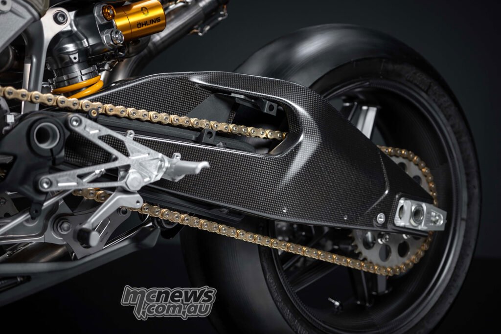 Carbon-fibre double-sided swingarm and rear wheel on the Ducati Superleggera V4 Centenario.
