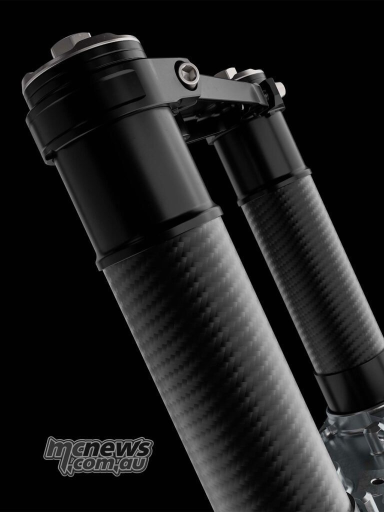 Close-up of the Ducati Superleggera V4 Centenario carbon-fibre fork sleeves and upper fork assembly.