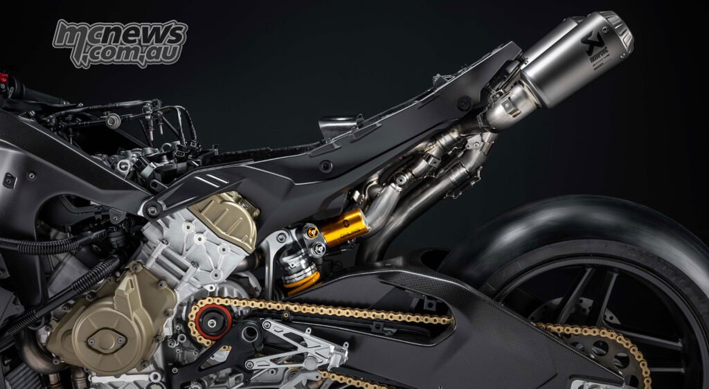 Partial left-side view of Ducati Superleggera V4 Centenario chassis, engine, swingarm and Akrapovič exhaust.