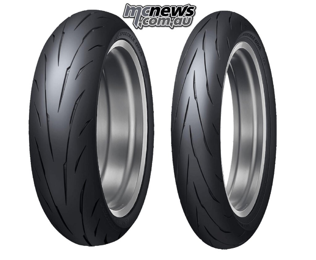 Studio product shot of Dunlop Sportmax Q5A front and rear tyres.