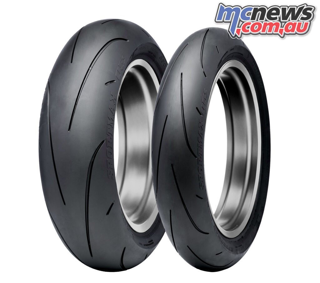 Studio product shot of Dunlop Sportmax Q5S front and rear tyres.