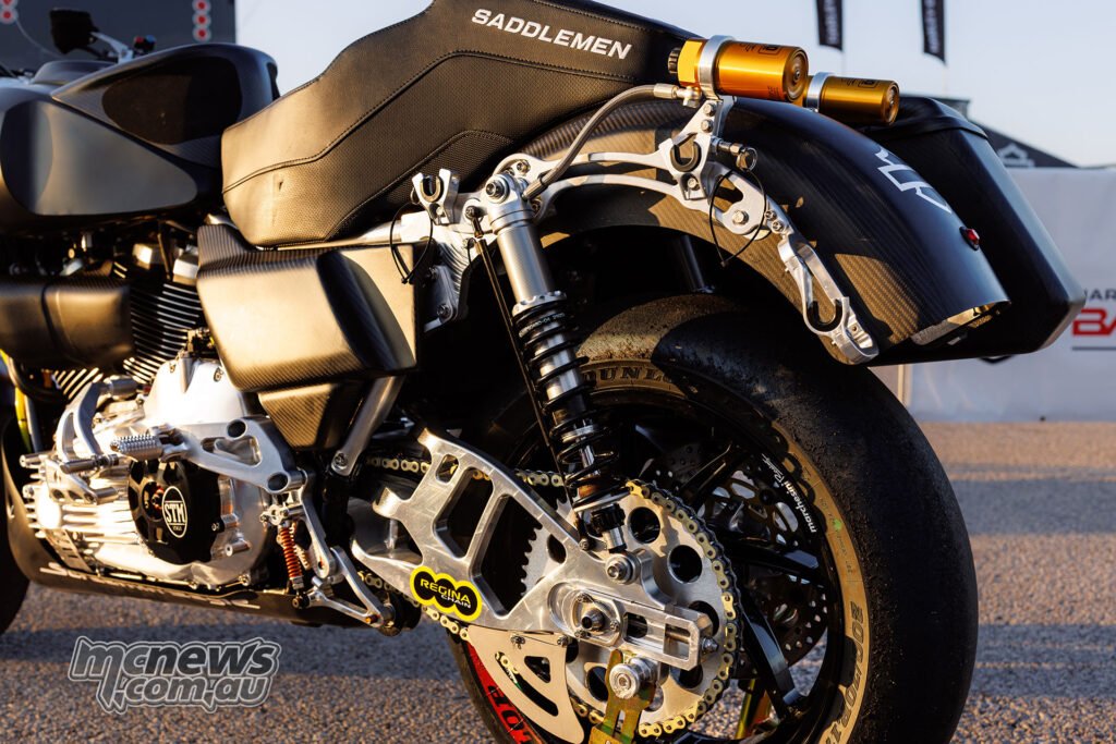 Öhlins twin rear shocks on the Harley-Davidson Bagger World Cup Road Glide.
