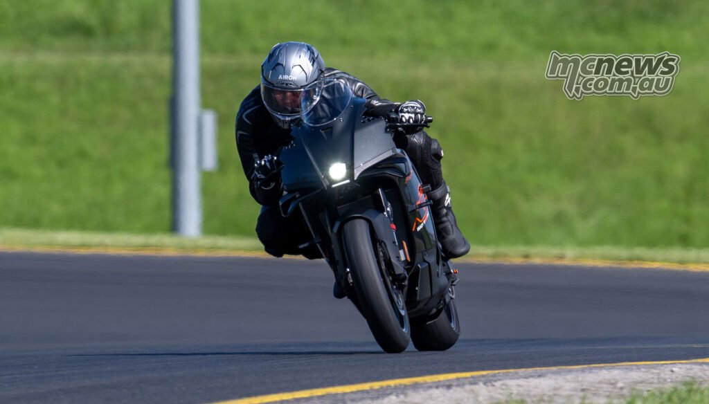 KTM 990 RCR on track showing its sharper supersport stance