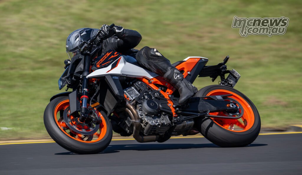 KTM 990 Duke R on track showing its planted front-end feel