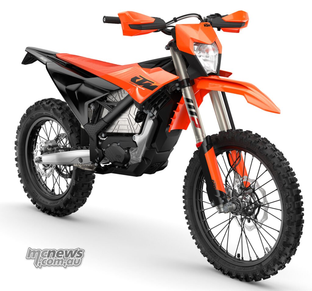 Studio front three-quarter view of the 2027 KTM Freeride E against a plain background.