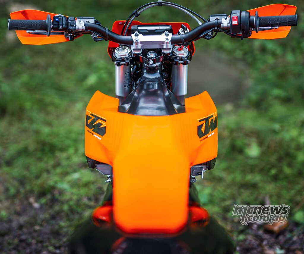 Rider’s-eye view over the handlebars and front number plate of the 2027 KTM Freeride E.
