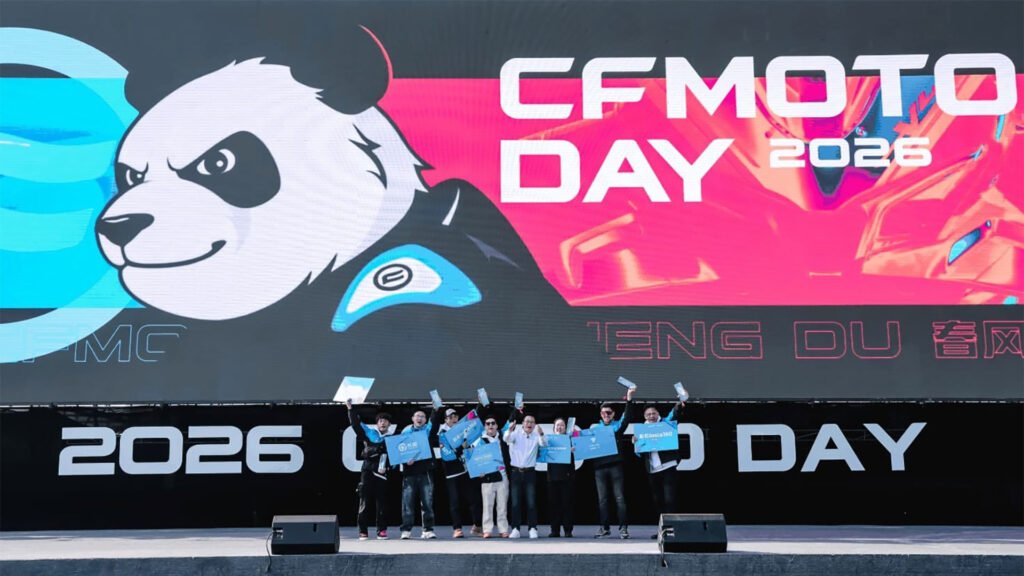 CFMOTO Day 2026 event branding displayed on large circuit screen in Chengdu