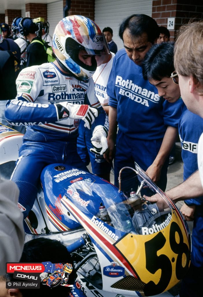 Daryl Beattie riding the Honda NSR500 at Eastern Creek during the 1992 Australian Grand Prix.