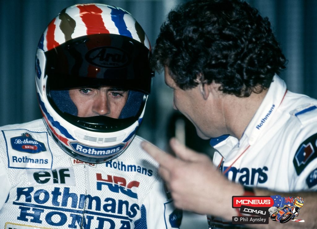 Mick Doohan with Jeremy Burgess at Eastern Creek during the 1992 Australian Grand Prix.